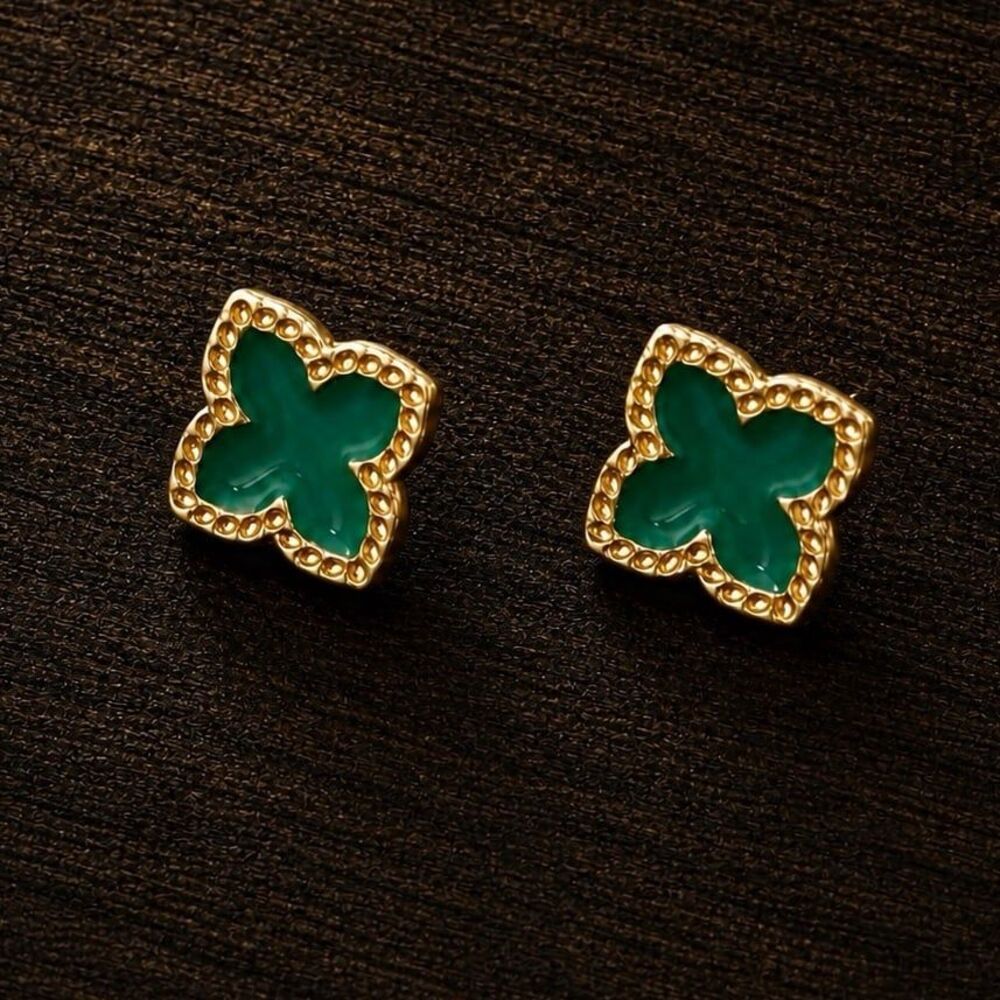 Gold Four Leaf Clover Stud Earrings Green Stone Floral Earrings Minimalist Jewel
